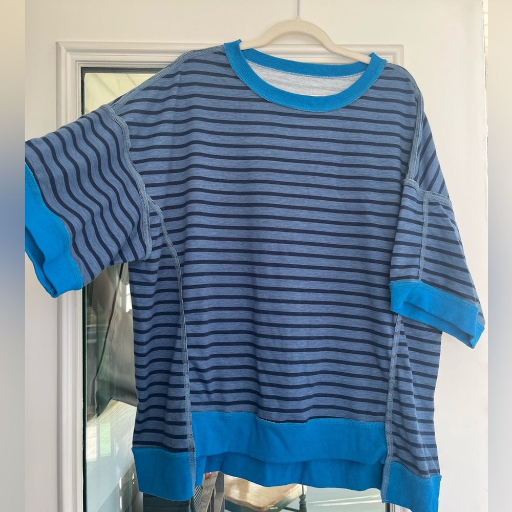 Blue Striped Athleisure Top | Contrast Trim Short Sleeve Sweatshirt Tee XL